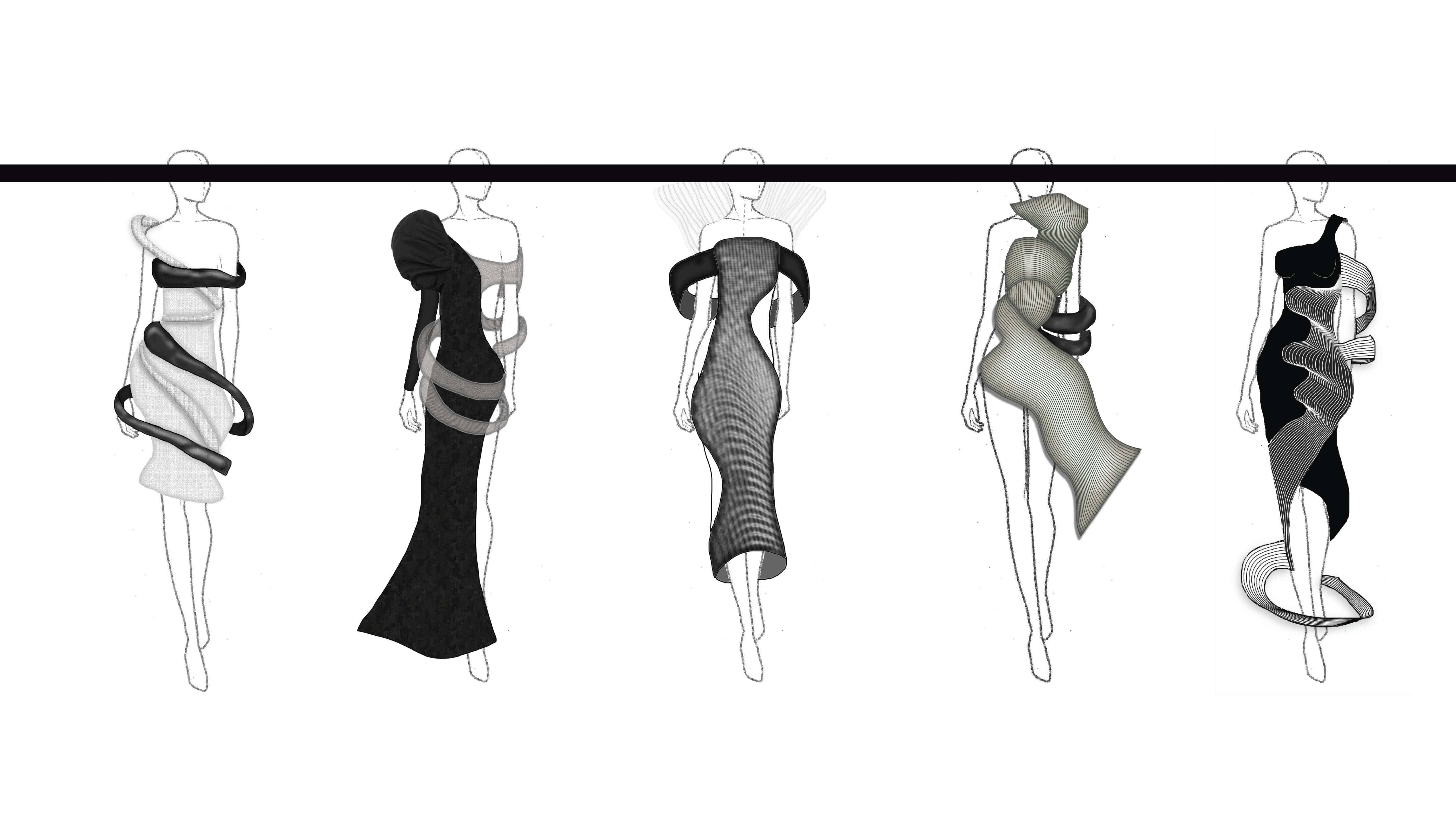 Fashion line drawings on striped background
